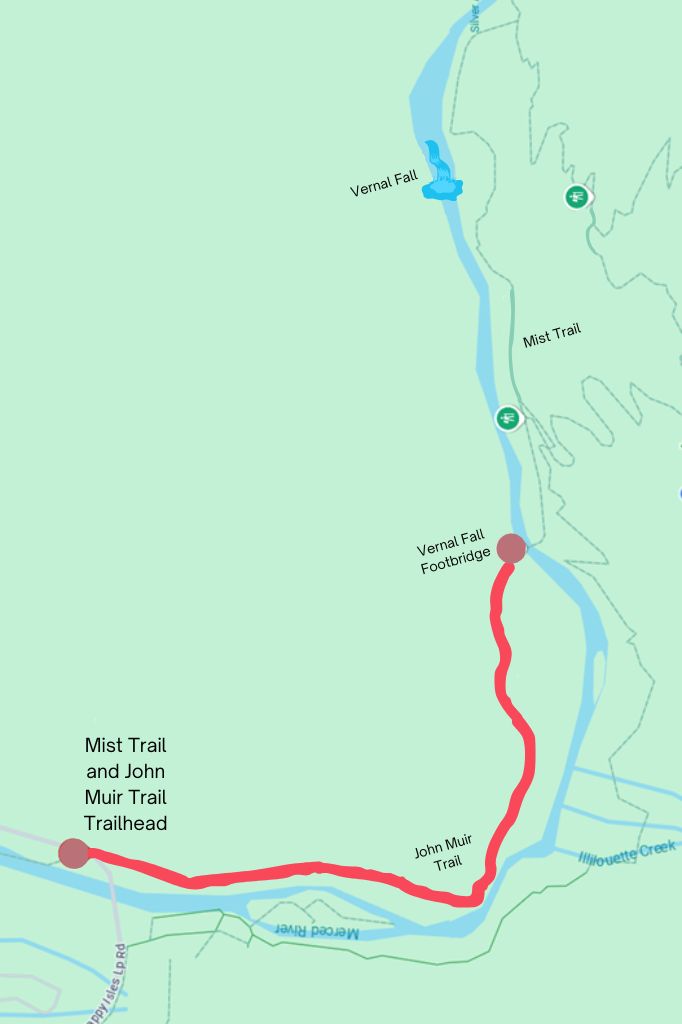 Google Maps showing a highlighted hiking route from the Mist Trail/John Muir Trail Trailhead to Vernal Fall Footbridge in Yosemite.