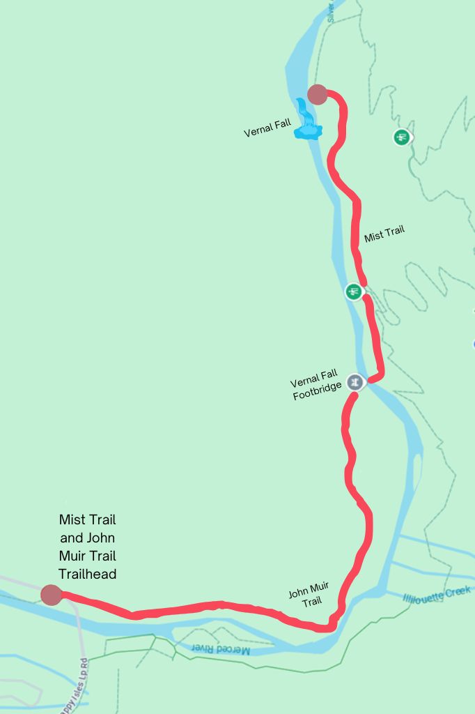 Google Maps showing a highlighted hiking route to Vernal Fall via Mist Trail in Yosemite.