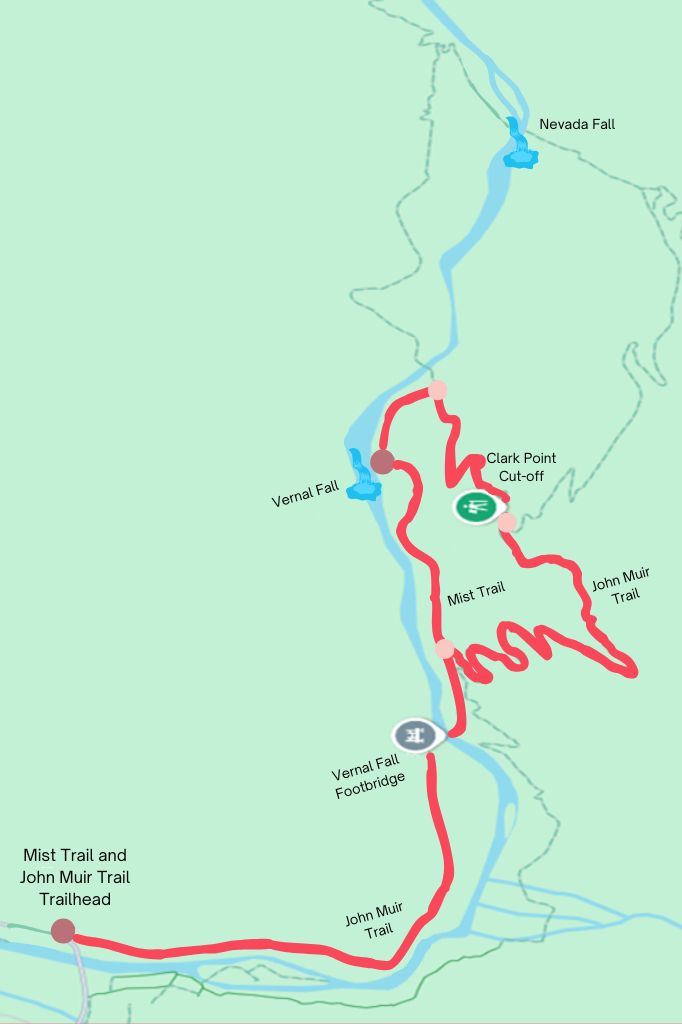 Google Maps showing a highlighted hiking route to Vernal Fall via Mist Trail and John Muir Trail in Yosemite.