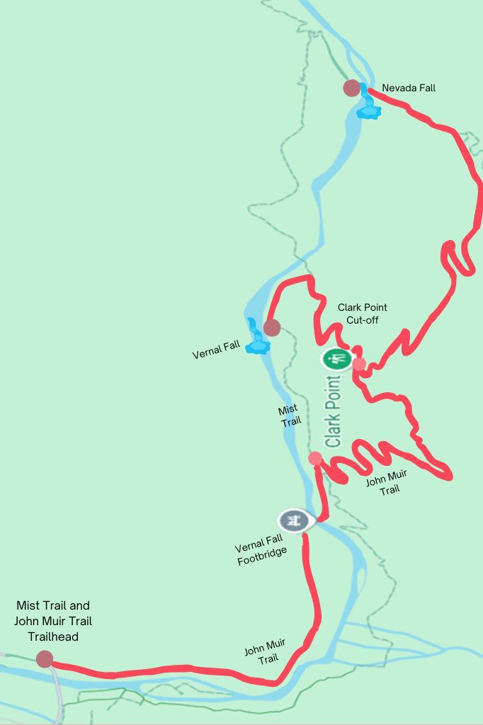 Google Maps showing a highlighted hiking route to Vernal Fall and Nevada Fall via John Muir Trail in Yosemite.