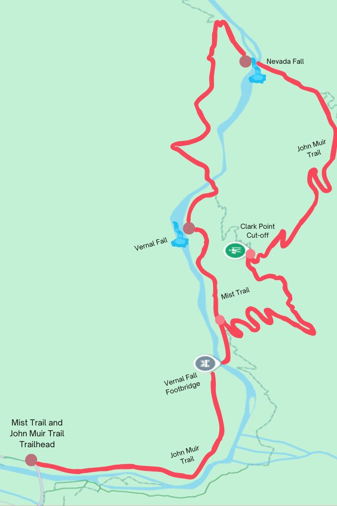 Google Maps showing a highlighted hiking route to Vernal Fall and Nevada Fall via Mist Trail and John Muir Trail in Yosemite.