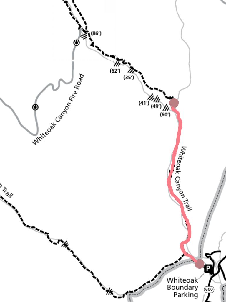 Whiteoak Canyon Lower Falls Map with Whiteoak Canyon Trail to Lower Falls route highlighted.