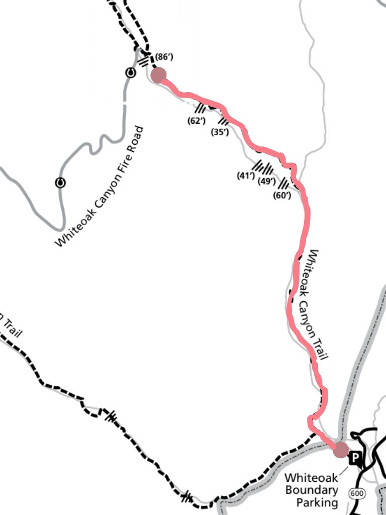 Whiteoak Canyon Upper Falls Map with Whiteoak Canyon Trail to Upper Falls Overlook route highlighted.