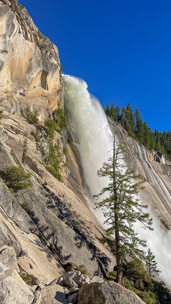 Side view of Nevada Fall in Yosemite along the John Muir Trail.