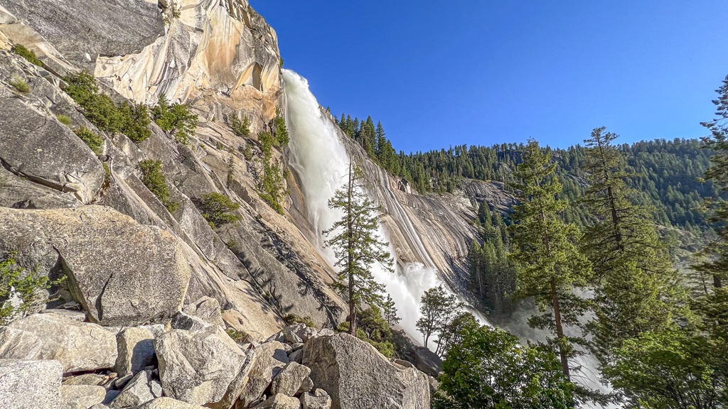 Side view of Nevada Fall from the John Muir Trail in Yosemite National Park.