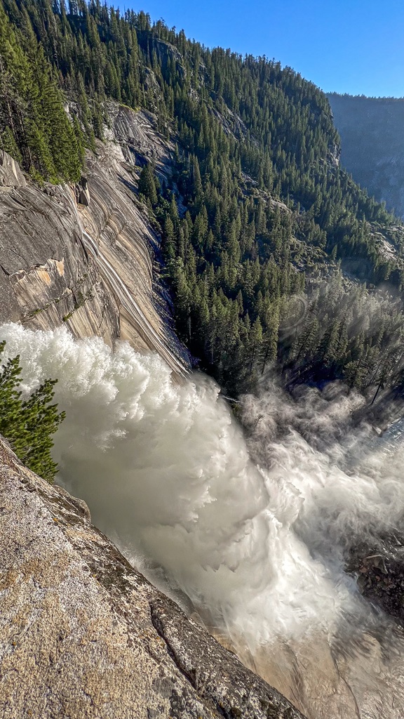 Side view of Nevada Fall from the top in Yosemite.