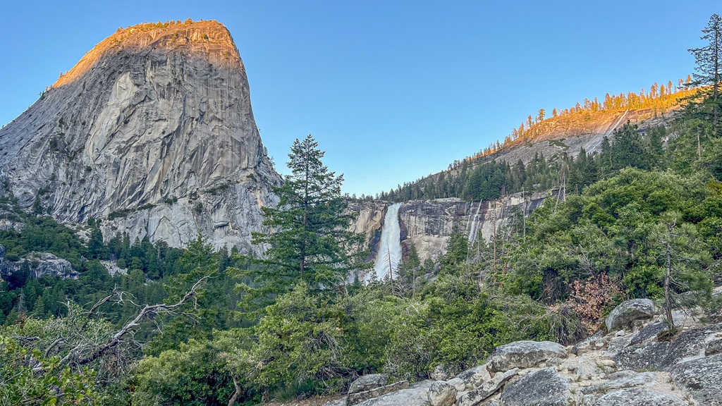 View of Nevada Fall and Liberty Cap along John Muir Trail.