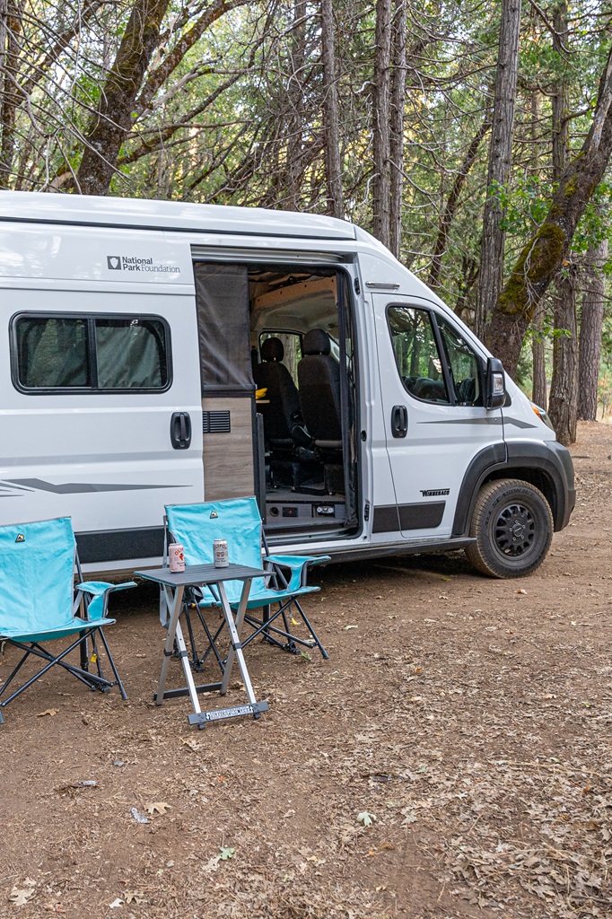 Camping in a converted van near Yosemite's Big Oak Flat Entrance.