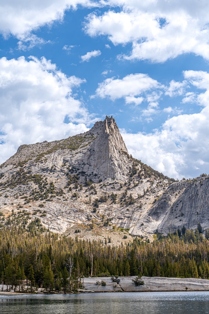 View of Cathedral Peak from the other side of Lower Cathedral Lake in Yosemite.