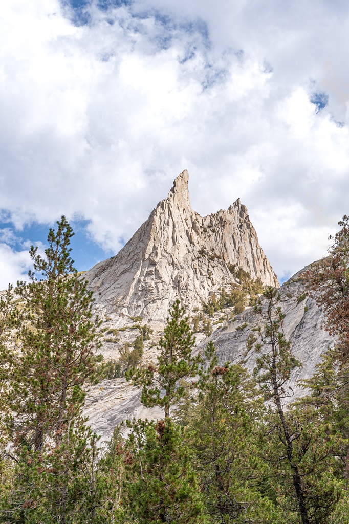 Close-up view of Cathedral Peak from the John Muir Trail in Yosemite.