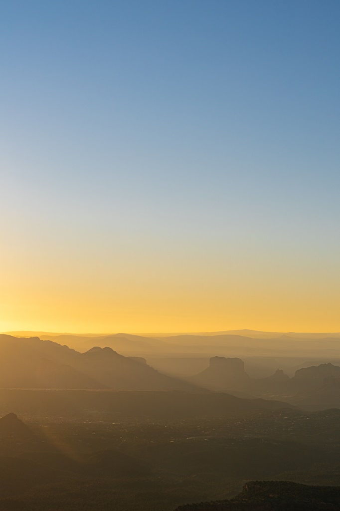 Hazy conditions seen from the summit of Bear Mountain during sunrise in Sedona.