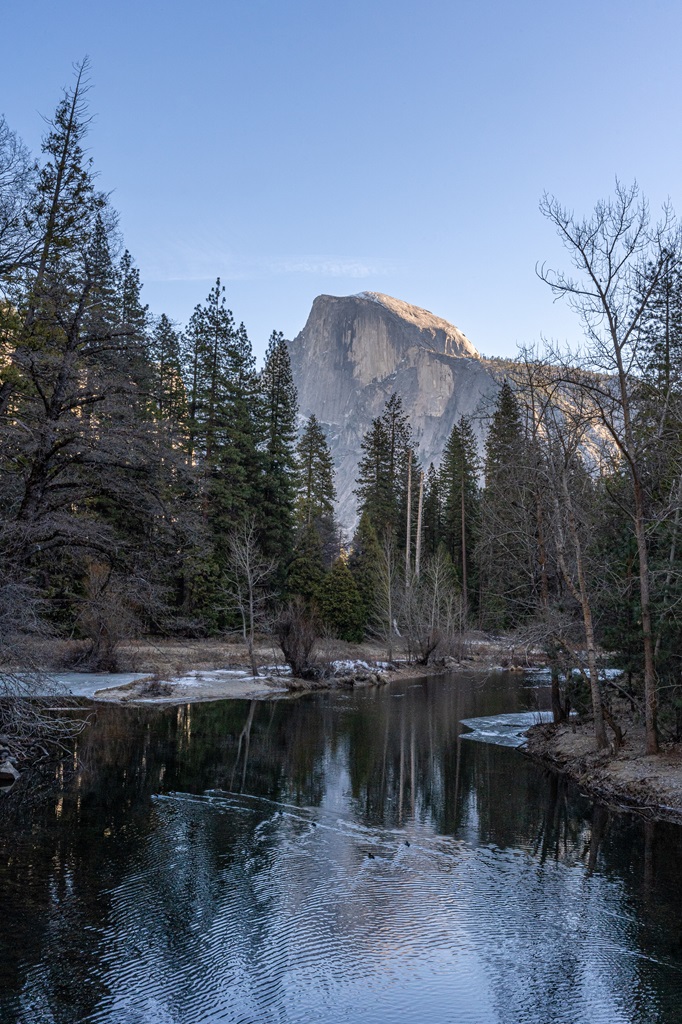 View of Half Dome from Sentinel Bridge in Yosemite with ducks swimming in the Merced River.