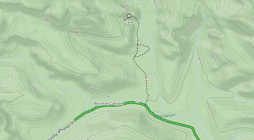 AllTrails map showing the Boynton Canyon Trail and the side trail for the Subway Cave in Sedona.