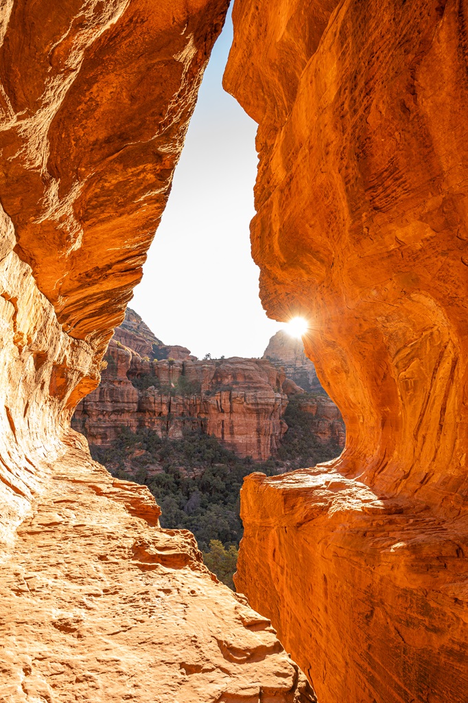 View of the keyhole-shaped opening from inside the Subway Cave in Sedona.