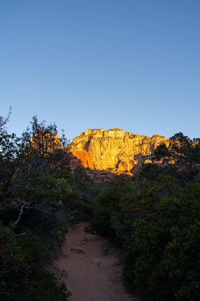 Sun shining on red rocks in the early morning along the Boynton Canyon Trail in Sedona.