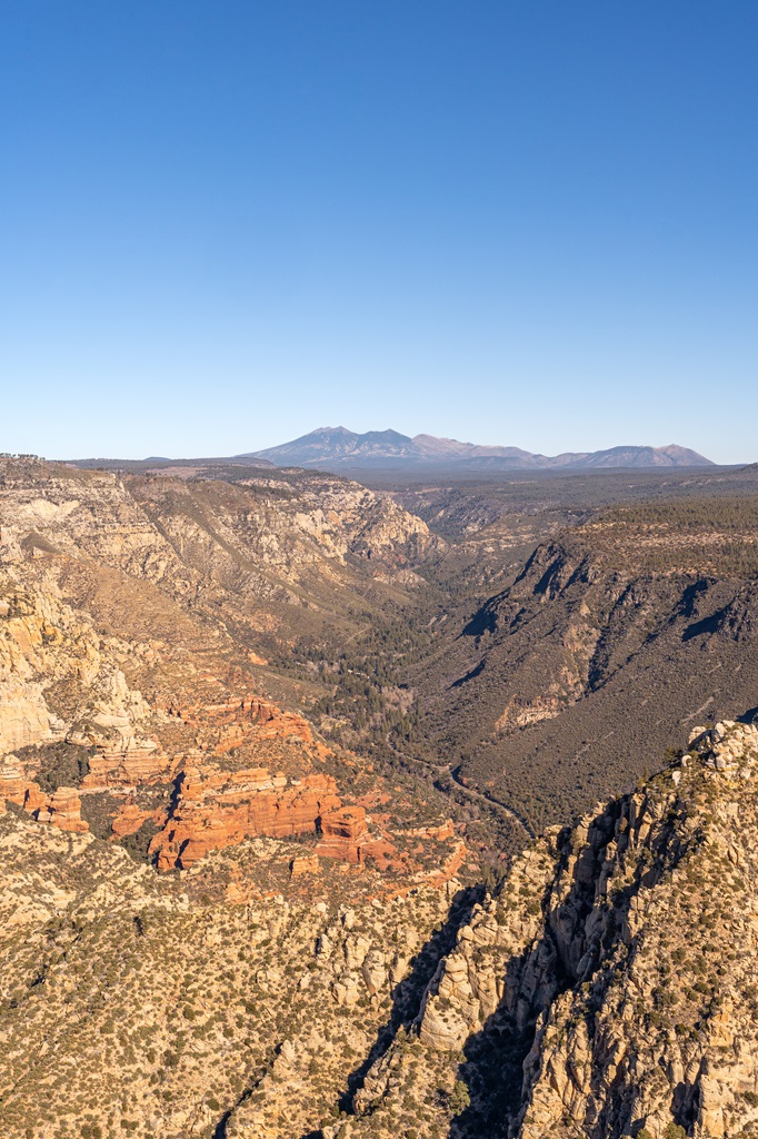 View from the North Canyon Overlook with San Francisco Peaks in the distance.