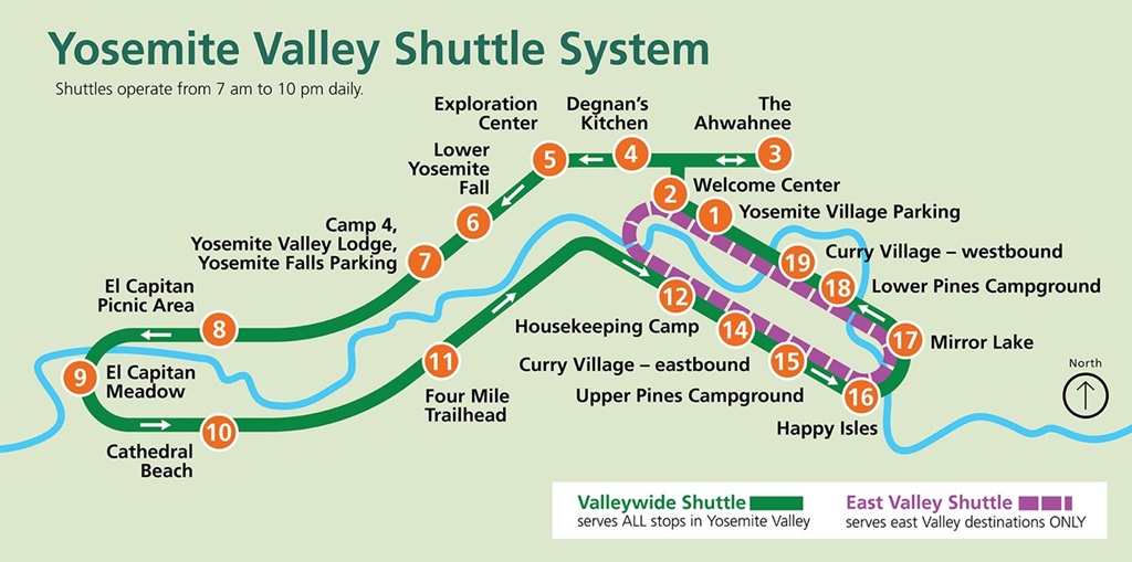 Map of the Yosemite Valley Shuttle System and the two different shuttle routes.