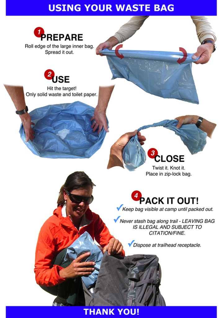 Instructions on how to properly use a waste bag to pack out human waste while on the Mt Whitney Trail.