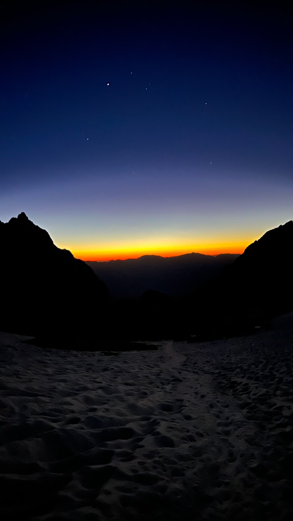 Sunrise over the mountains along the Mt Whitney Trail near Trail Camp.