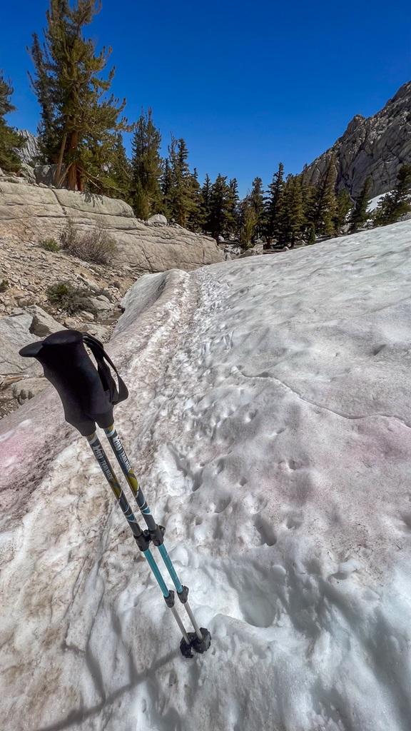 Snow covering a portion of the Mt Whitney Trail near Lone Pine Lake.