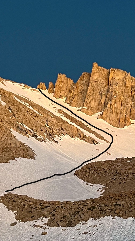 Black line drawing the route of the steep, snowy chute from Trail Camp to Trail Crest.