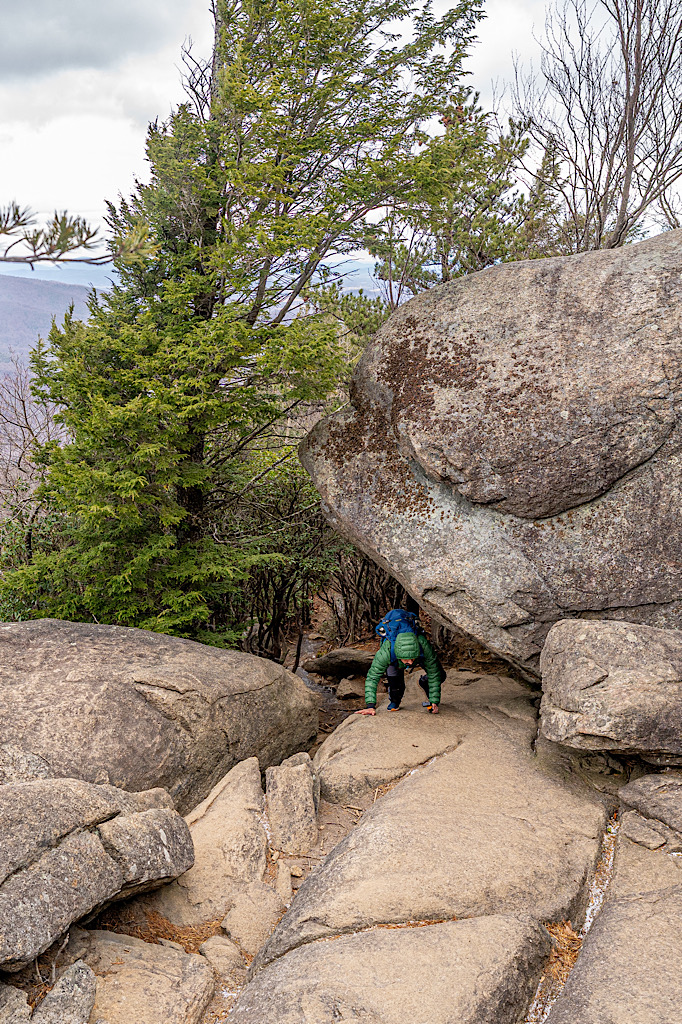 Man climbing under a rock on the Old Rag Rock Scramble in Virginia.