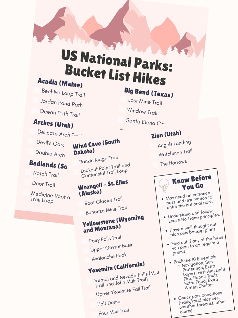 Picture on left shows two pages from a US National Parks Bucket List Hikes Checklist, and a button on the lower right that leads to a landing page for adventure planning queen's newsletter sign up.