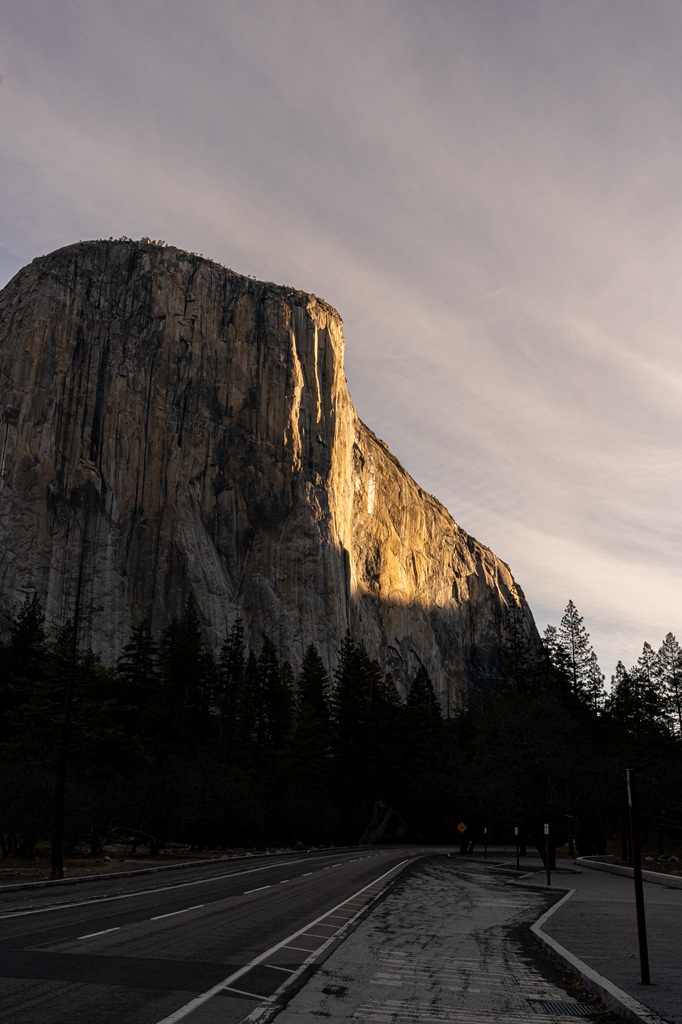 View of El Capitan during sunrise seen from Southside Drive in Yosemite National Park.