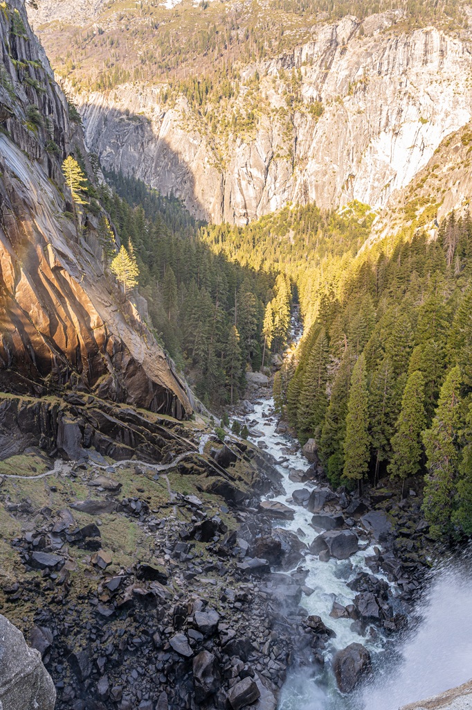 View of Mist Trail and Merced River from the top of Vernal Fall in Yosemite National Park.