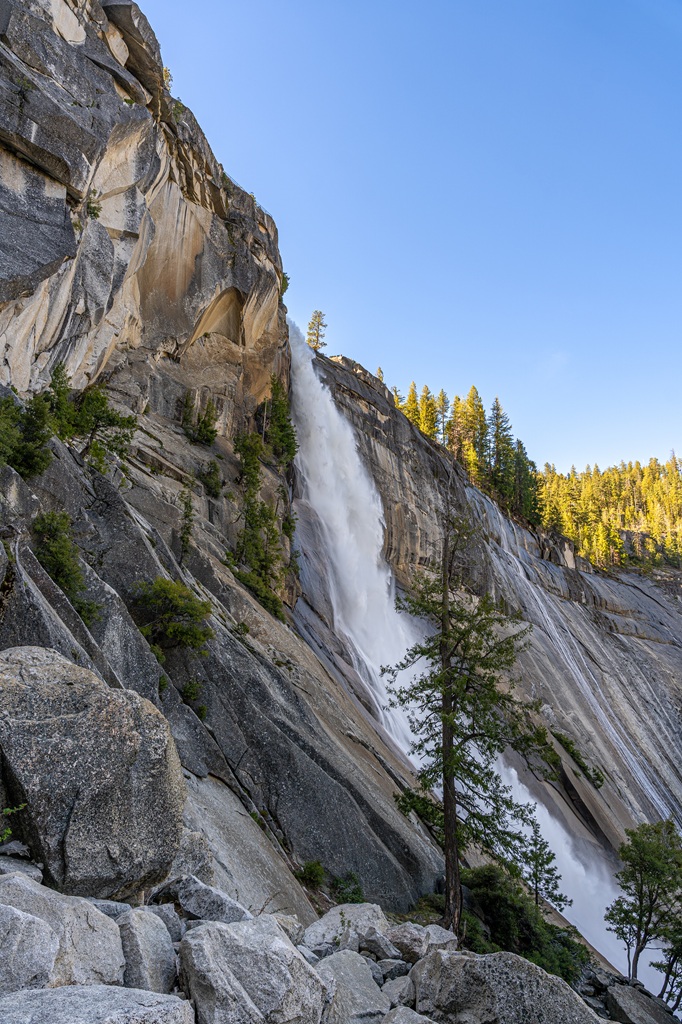 Side view of Nevada Fall from the Mist Trail in Yosemite National Park.