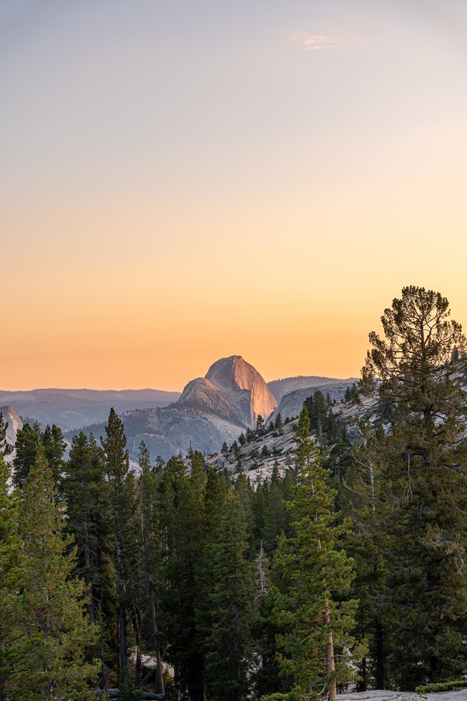 View of Half Dome from Olmsted Point at sunrise in Yosemite National Park.