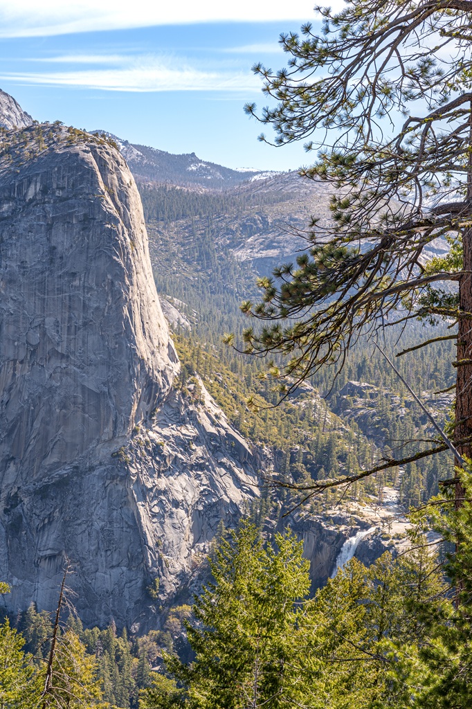 View of Liberty Cap and Nevada Fall from Panorama Trail in Yosemite National Park.