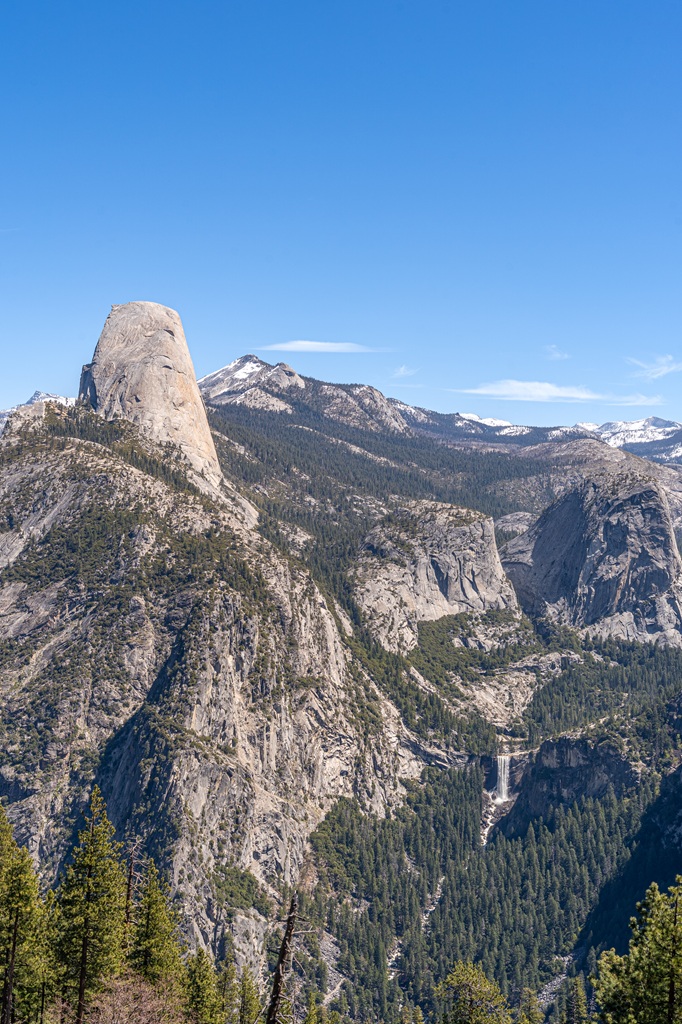 View of Half Dome, Vernal Fall, and High Sierra peaks from the Panorama Trail in Yosemite National Park.