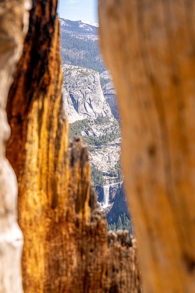 View of Vernal Fall seen between a broken tree trunk along the Panorama Trail.