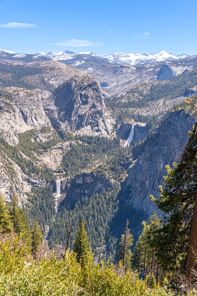 View of Liberty Cap, Nevada Fall, and Vernal Fall from Panorama Trail in Yosemite National Park.