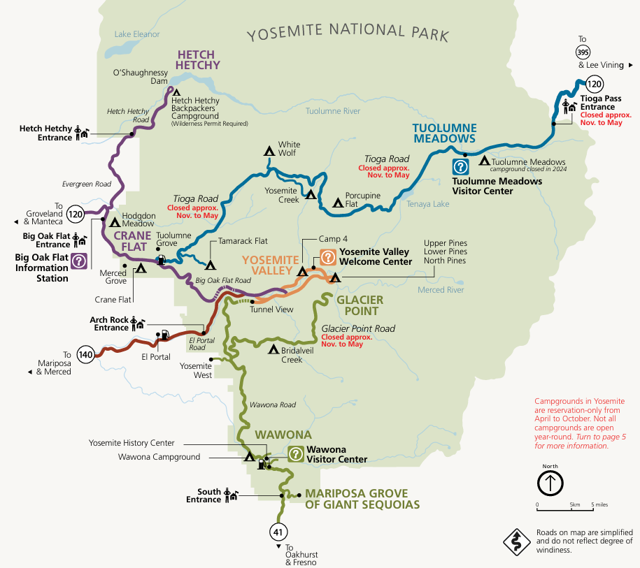 Map of Yosemite National Park showing the road system throughout the park and location of each entrance as well as regions of Yosemite.
