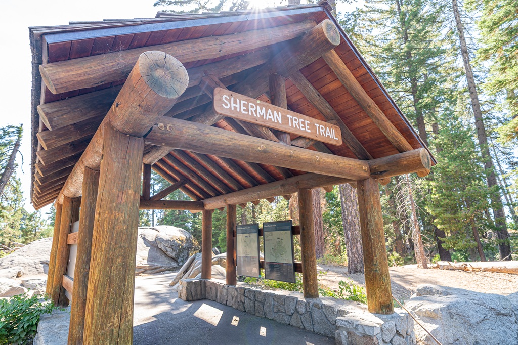 Sherman Tree Trailhead with a wooden shelter with informational plaques about the General Sherman Tree Trail and Congress Trail.