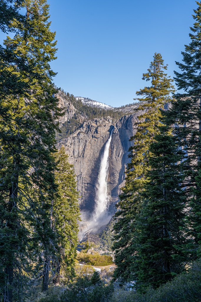 Upper Yosemite Fall seen from Four Mile Trail in Yosemite National Park.