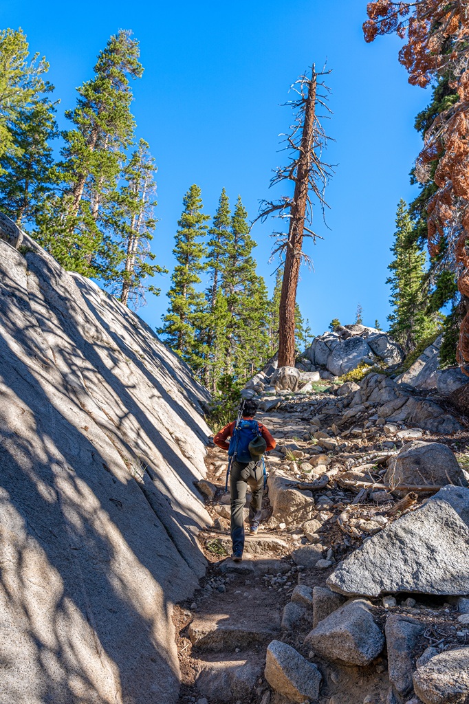Man hiking up a set of rocky steps along the May Lake Trail in Yosemite National Park.