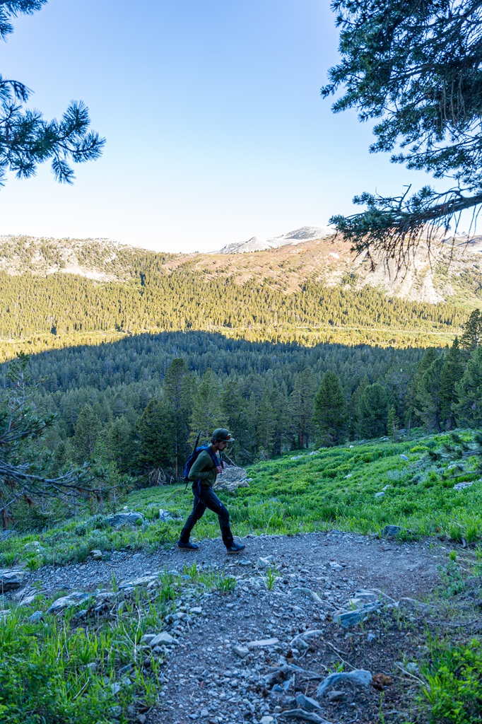Man hiking up a switchback on the Mount Dana Trail in Yosemite National Park.