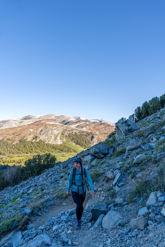 Woman hiking along the Mount Dana Trail in Yosemite National Park.