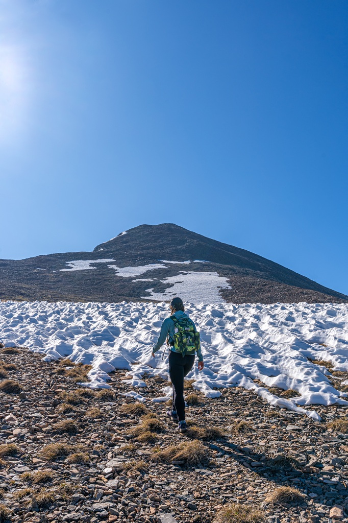 Woman hiking towards a snowfield on Mount Dana in Yosemite National Park.