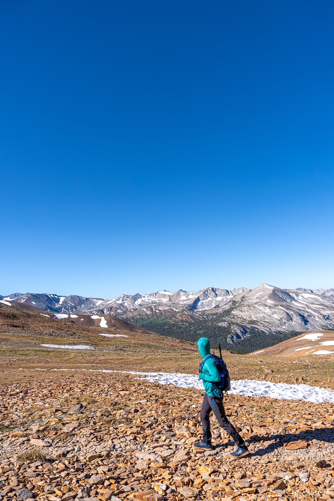 Man hiking along the Mount Dana Trail with small snowfields off trail and peaks in the distance.