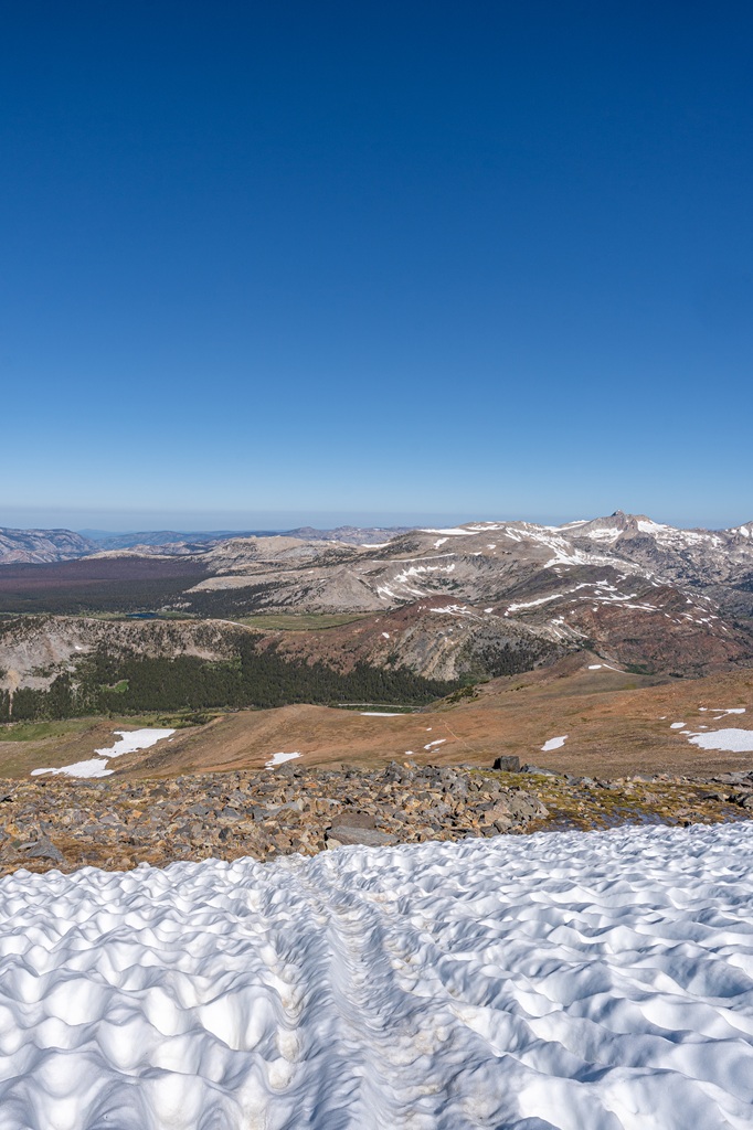 Snow field on Mount Dana with views of snowy peaks in the background.