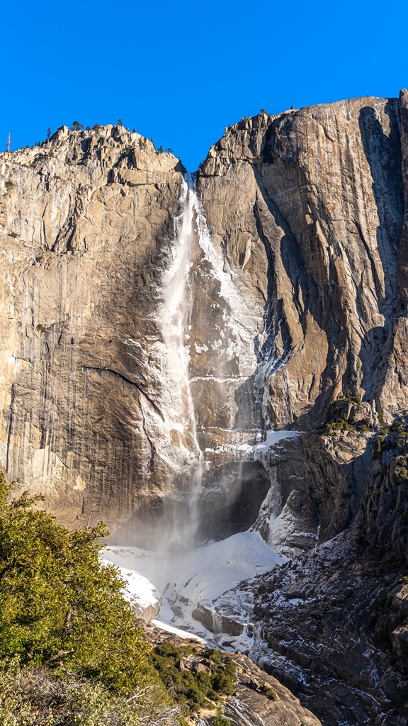 Snow cone formed at base of Upper Yosemite Fall in winter.