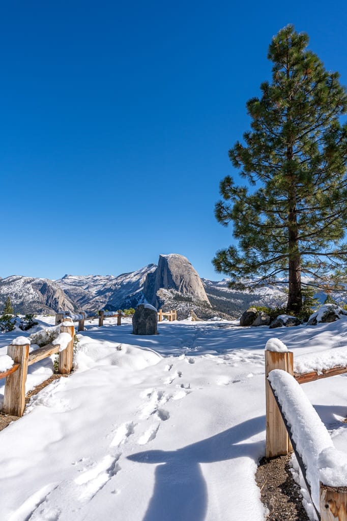Glacier Point covered in snow in Yosemite National Park.
