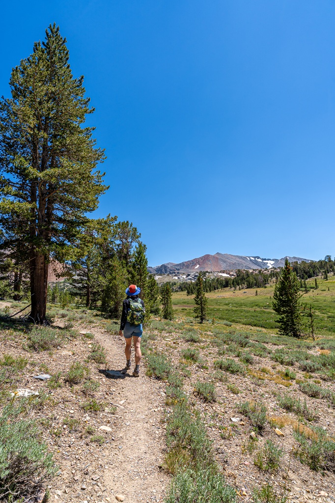Woman hiking along the Mono Pass Trail with stunning views in Yosemite National Park.