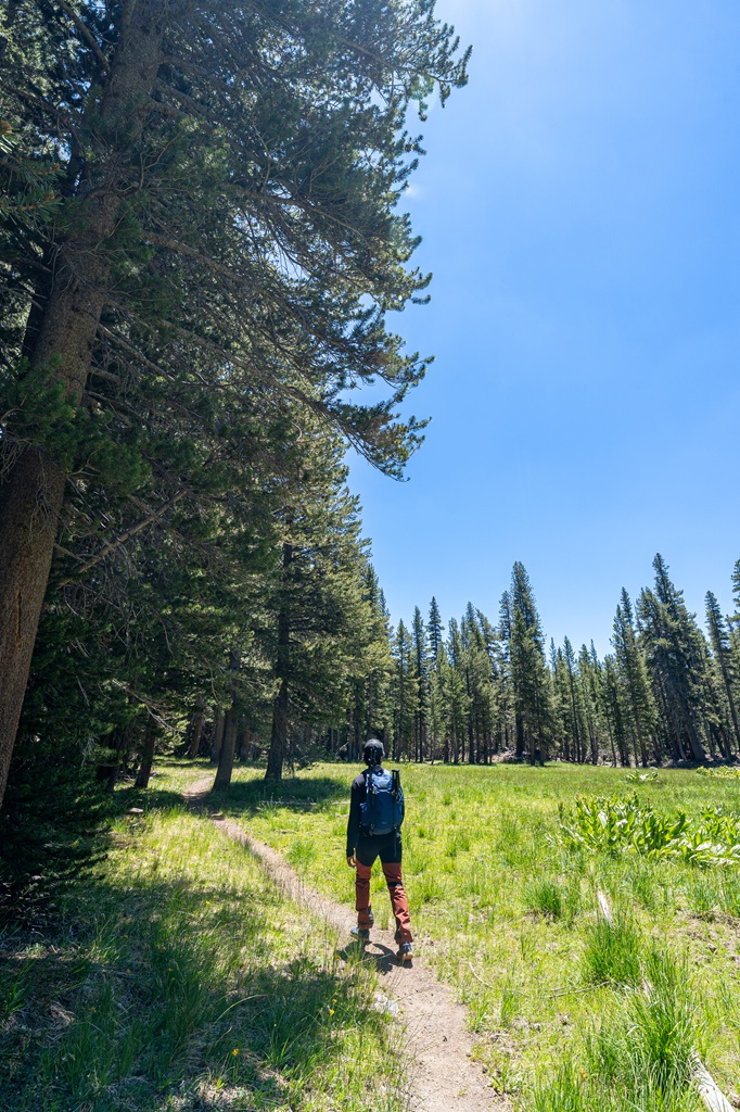 Man hiking along the Mono Pass Trail in Yosemite National Park.