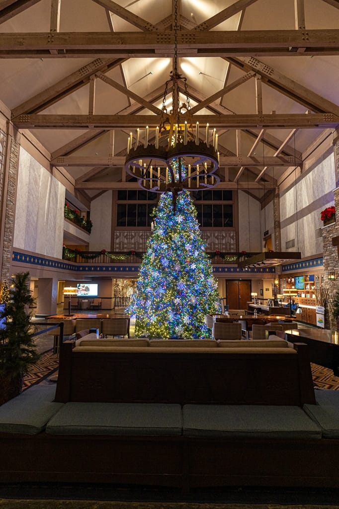 Christmas tree in the lobby of Tenaya Lodge at Yosemite in December.
