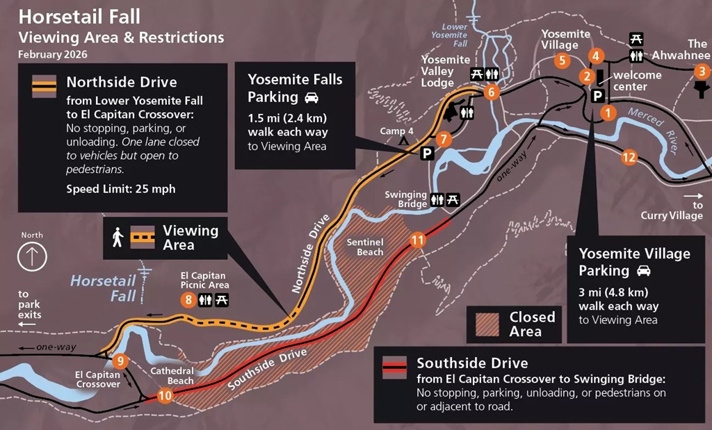 Yosemite Firefall National Park Service map.